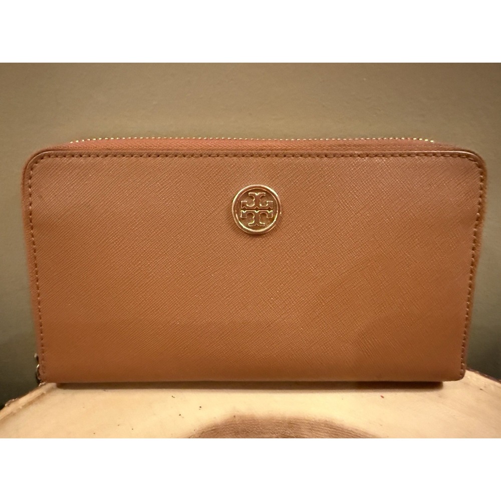 Tory Burch Robinson Saffiano Leather Zip Around Large Wallet Luggage Brown